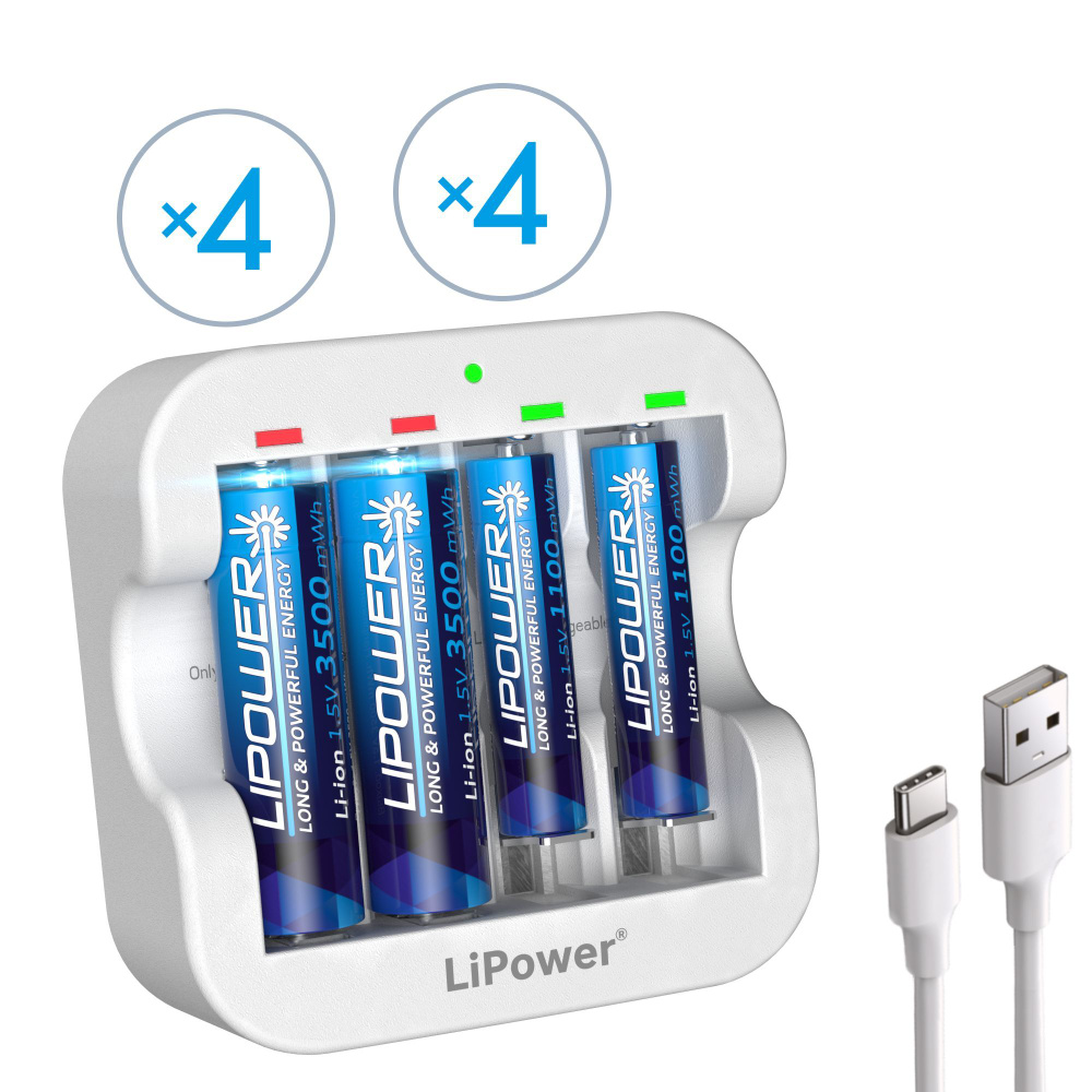 LIPOWER Аккумуляторная батарейка AA (AAA), 1.5V, 3500 mWh (1100 mWh), 4 ...