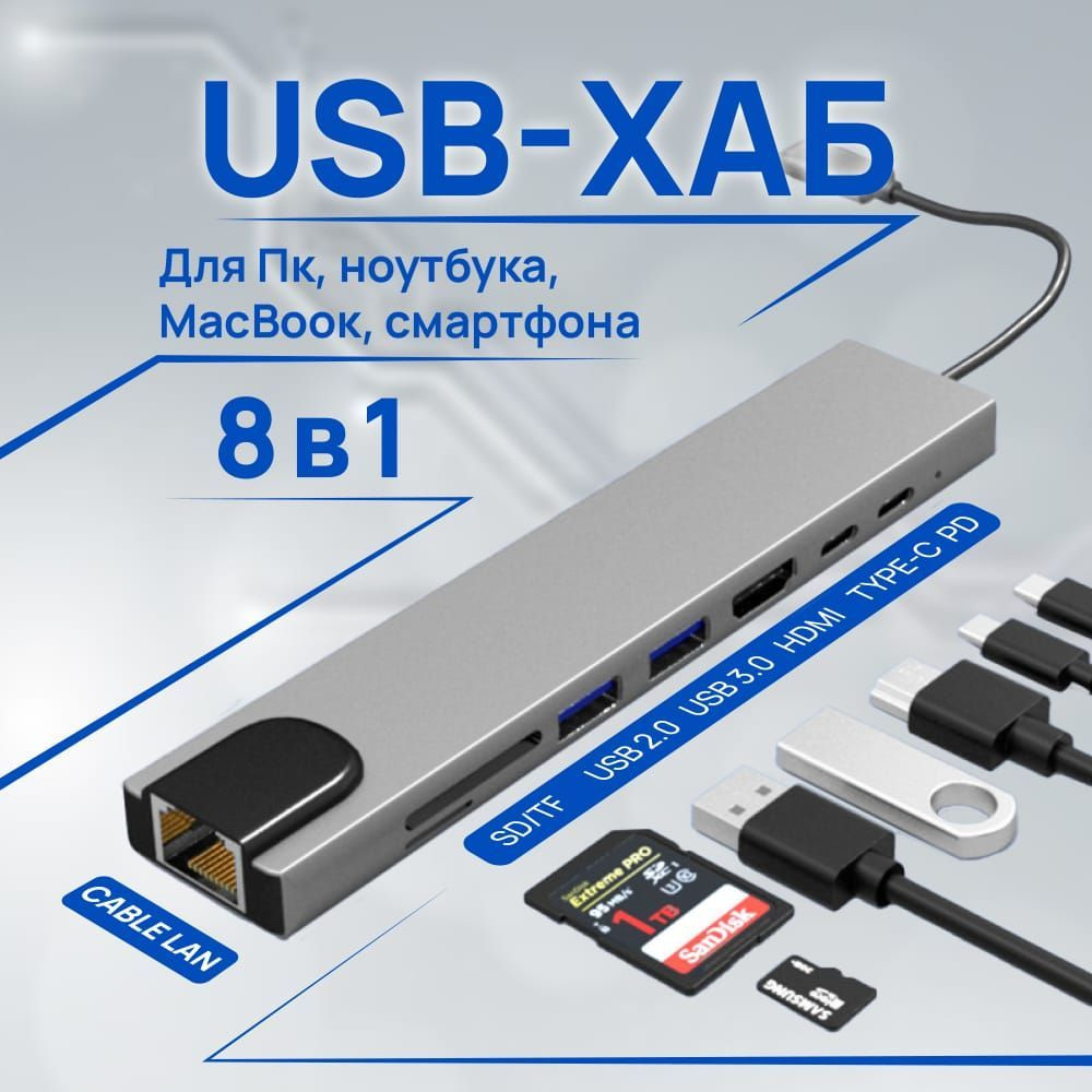 USB концентратор хаб type-C адаптер-переходник 8 в 1: HDMI 4K, RJ45 ...