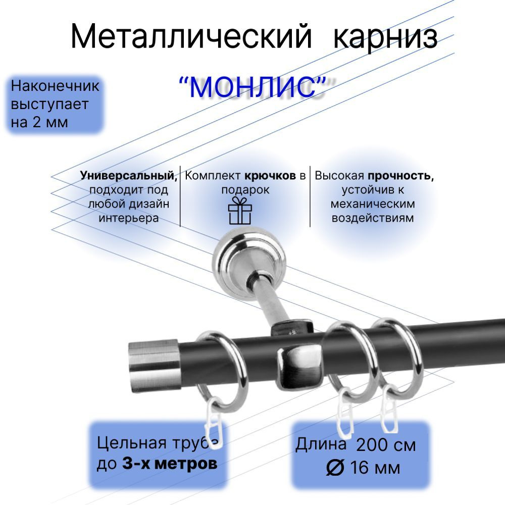 Карниз для штор однорядный настенный потолочный кованый металлический прямой Монлис  #1