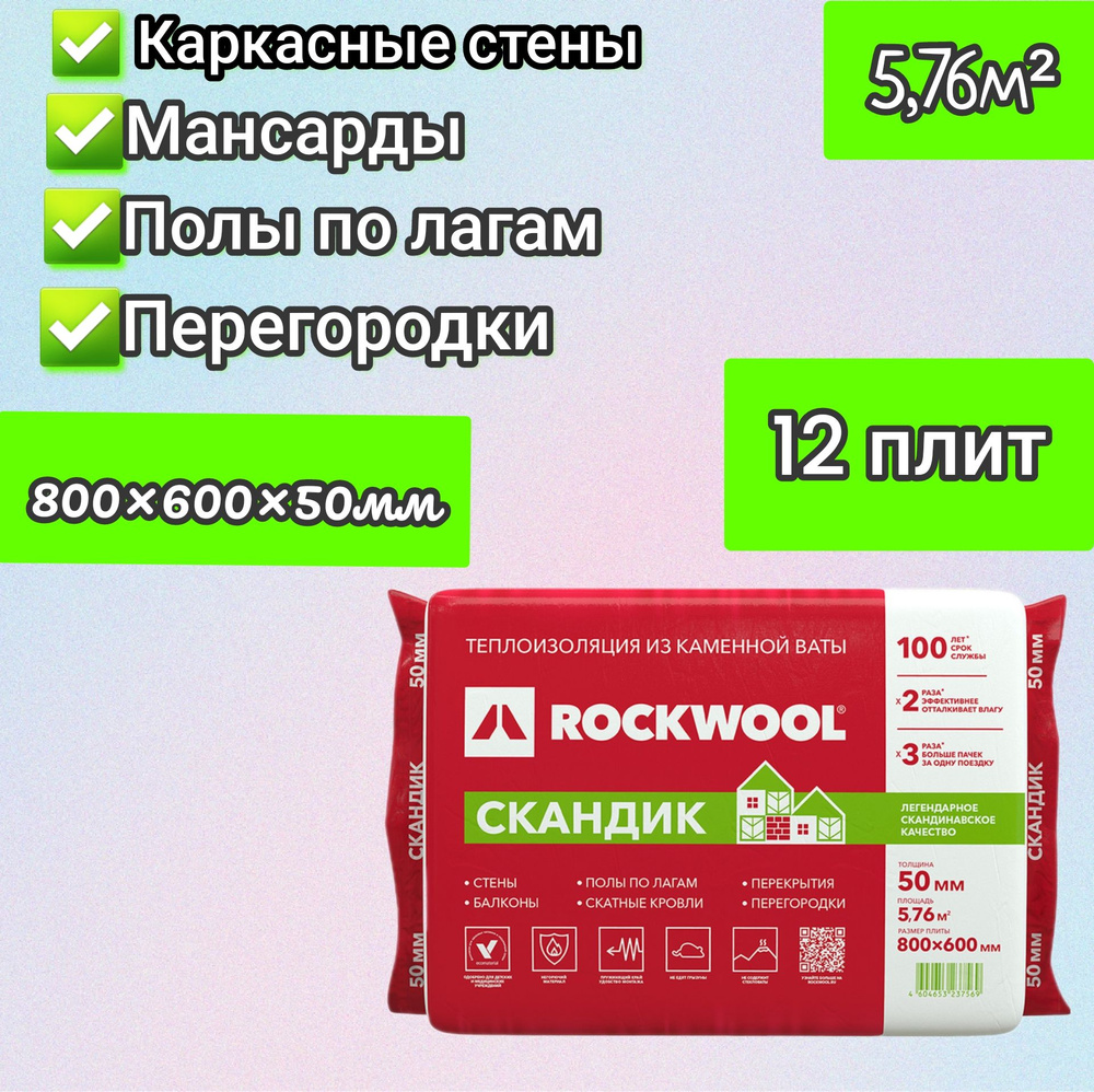 Утеплитель для стен, перегородок, потолка, теплоизоляция из каменной ваты  Rockwool 50мм 5,76м2