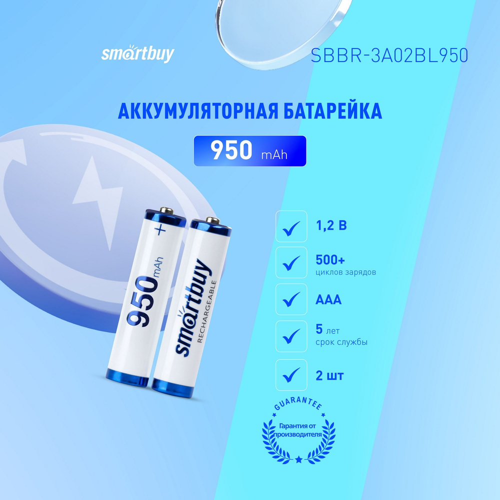 Аккумуляторные батарейки ААА Smartbuy AAA/Мизинчиковые 950 mAh, 2 шт -  купить с доставкой по выгодным ценам в интернет-магазине OZON (223741977)