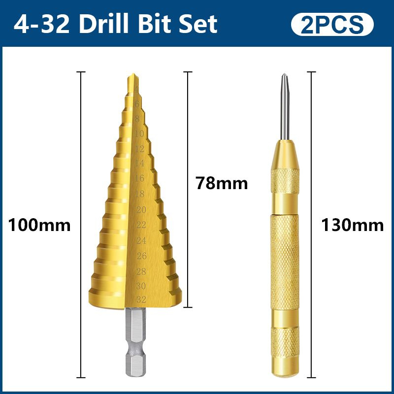 Ступенчатое сверло елочка по металлу и дереву 4-32, Желтый центральный пуансон, титановое покрытие, 2шт. #1