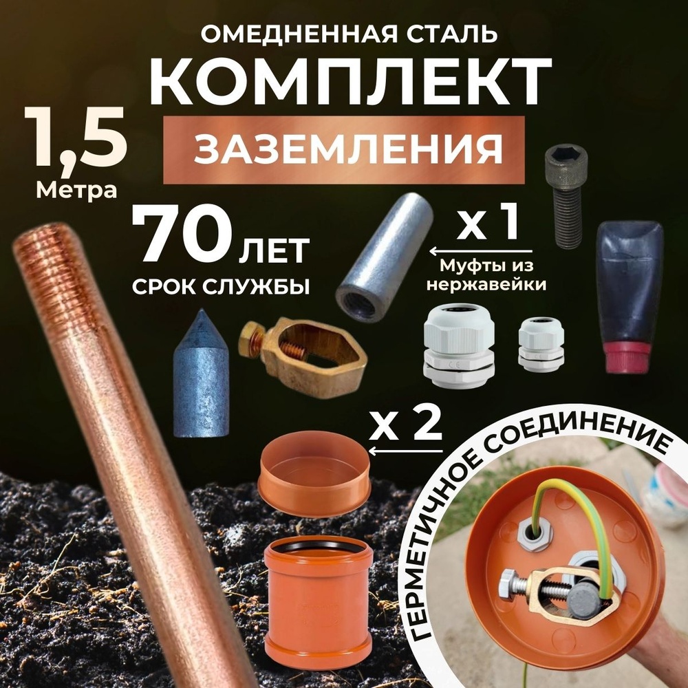 Комплект заземления 1.5 м из омедненной стали диаметром 14мм - купить с ...