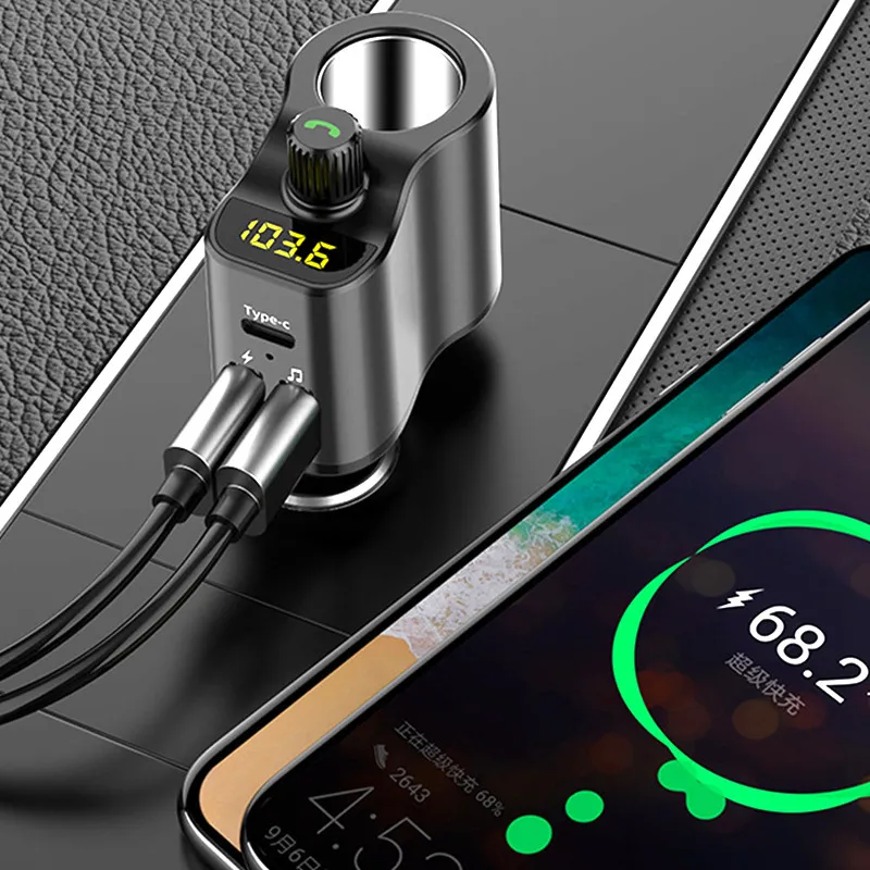 Автомобильный Bluetooth FM-трансмиттер MyPads-T01 c разветвителем c LED-дисплеем с двумя USB и Type-C разъемам с улучшенным звучанием, вариант, фото 2