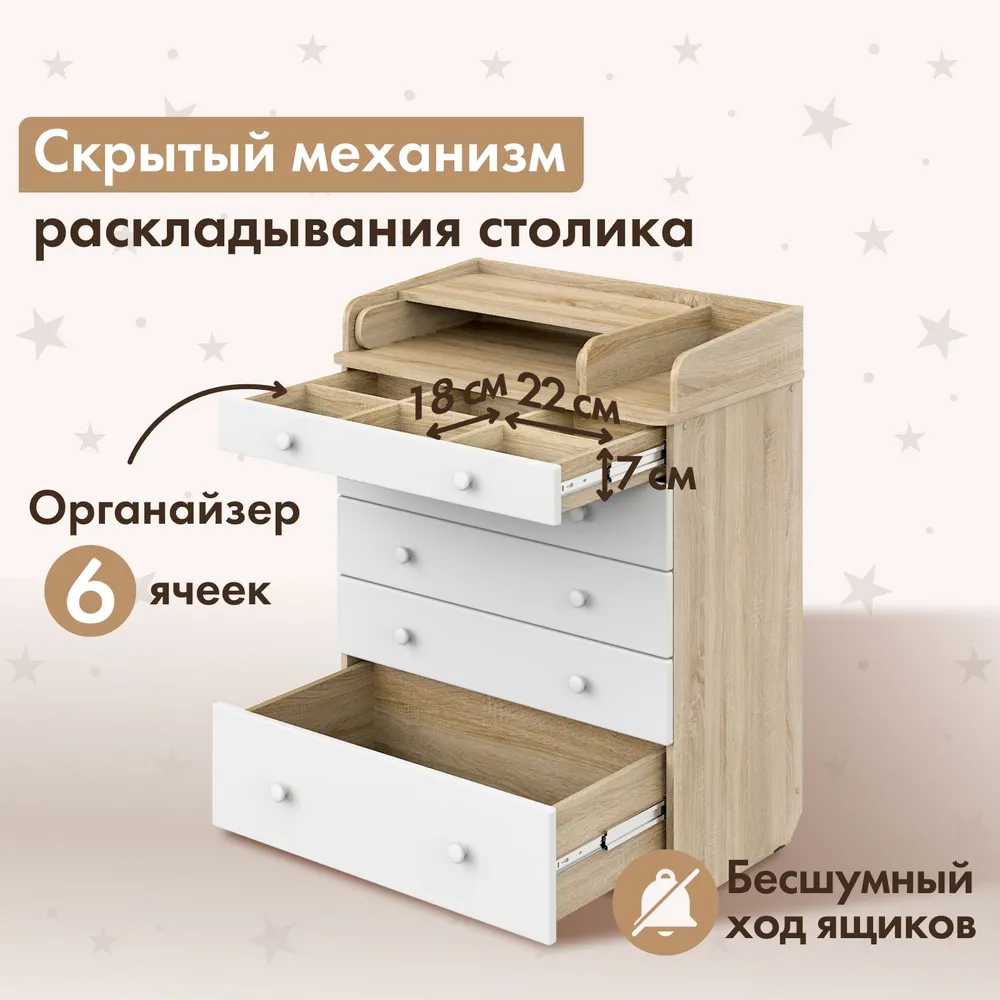 Пеленальный комод SoftSpace Combo Bravo 805, премиум ЛДСП, МДФ, для новорожденных, сонома с белыми ящиками, 80х48х101 см, 80x48x101 см, фото 2