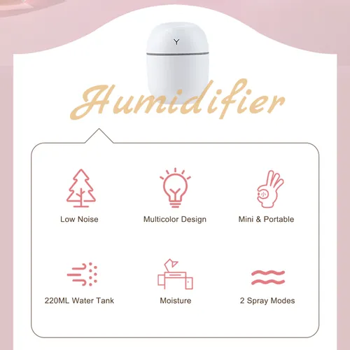 USB-увлажнитель-диффузор мини, с многоцветной подсветкой, 2 режима распыления, автоотключение, для д