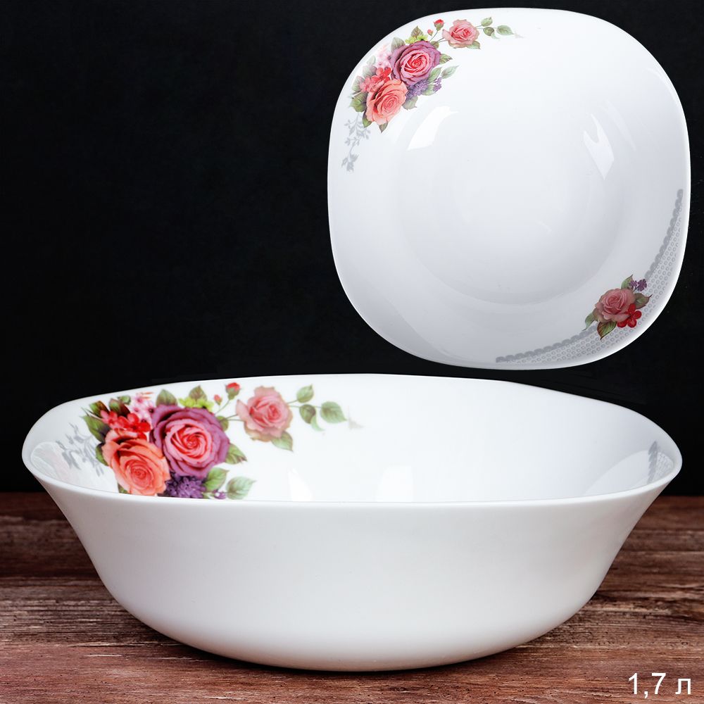 Салатник WHITE LILY квадратный глубокий Куст роз , 1700 мл, размер 22 см, розовый, стеклокерамика