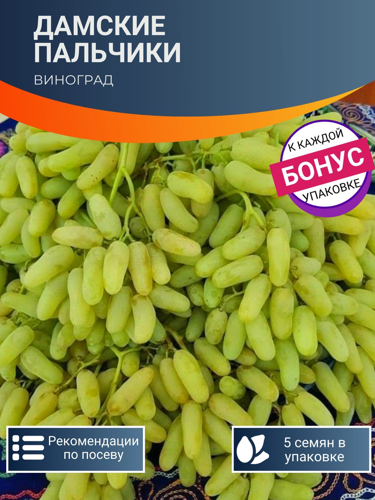 ВиноградДамскиеПальчикисемена5шт+Бонус+РекомендациипопосадкеБЕСПЛАТНО!