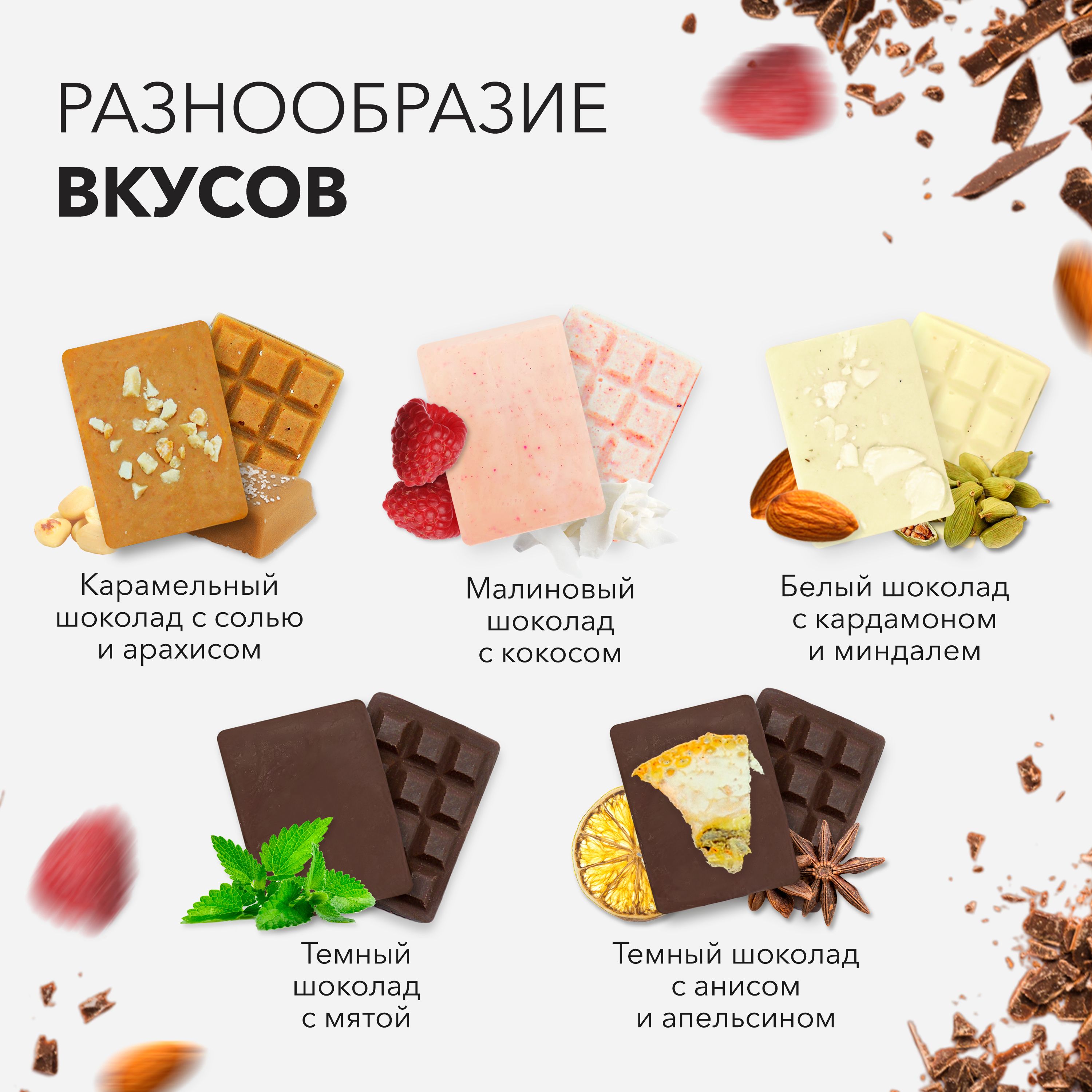 Шоколад с мятой, с миндалем, с арахисом и солью, с апельсином, с ...