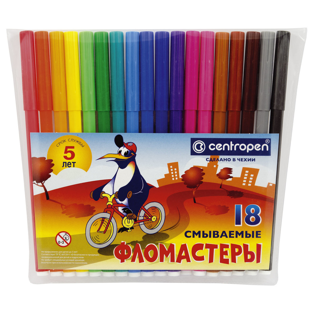 Фломастеры 18 ЦВЕТОВ CENTROPEN "Пингвины", смываемые, вентилируемый колпачок, 7790/18ET, 7 7790 1886 #1