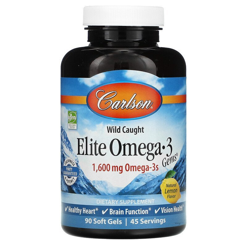 Carlson Labs, Wild Caught, Elite Omega-3 Gems, отборные омега-3 кислоты, натуральный лимонный вкус, 1600 #1