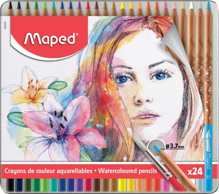 Карандаши цветные MAPED ARTIST акварельные, 24цв+кисточка, металл. Футляр  #1