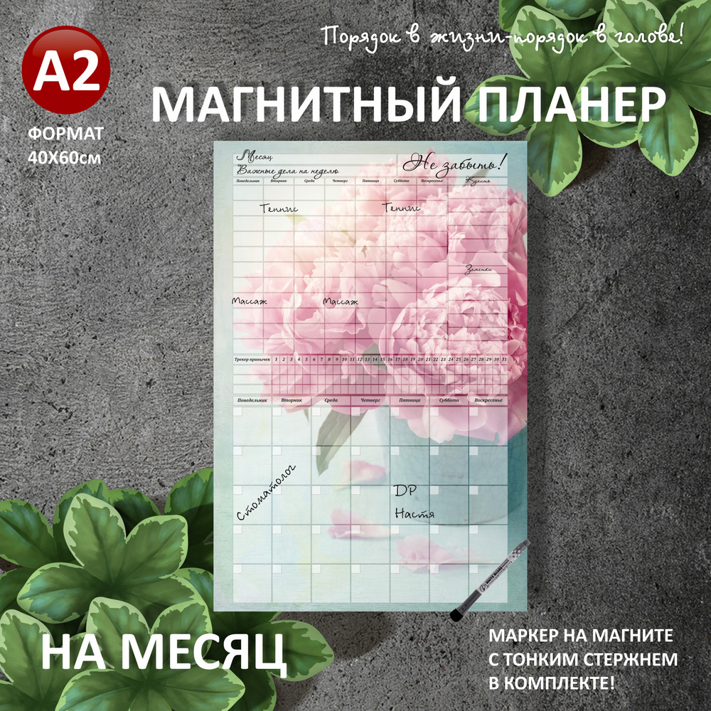 Магнитный планер на НА МЕСЯЦ+НЕДЕЛЮ А2 (40х60см) на холодильник с маркером и поверхностью пиши-стирай #1