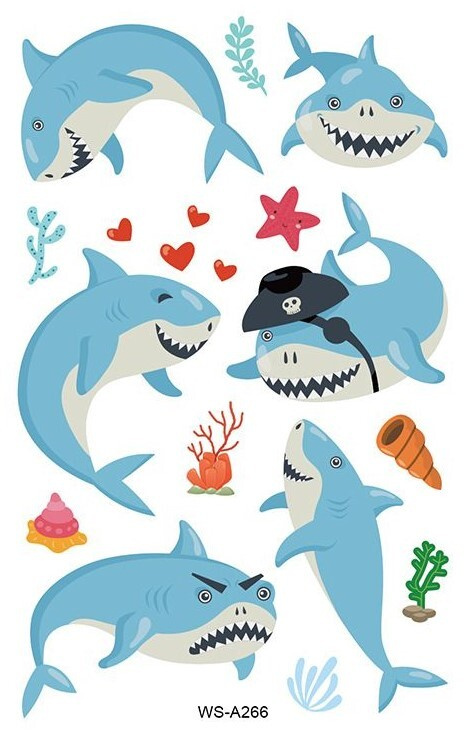 Переводные татуировки детские "Веселые акулы - 266" 7.5х12 см  #1