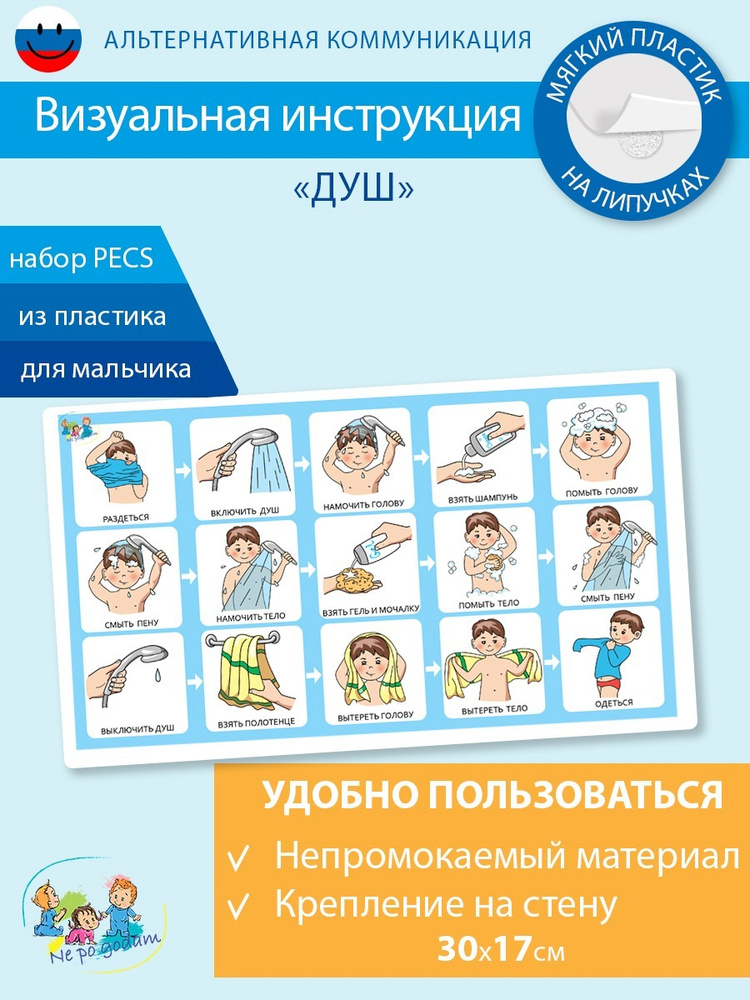Развивающая карточка инструкция "В душе" ПЕКС/ PECS мальчик купить на ...
