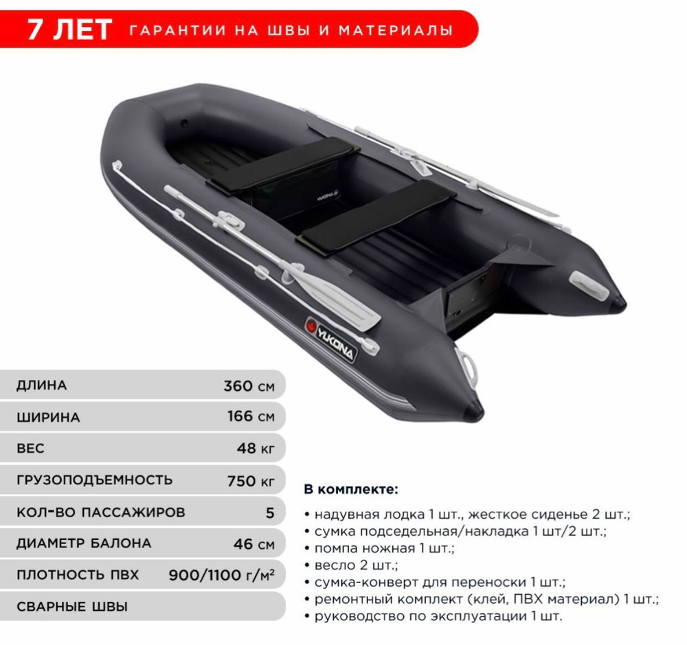 Лодка ПВХ под мотор Yukona 360 НДНД надувная для рыбалки, серая ...