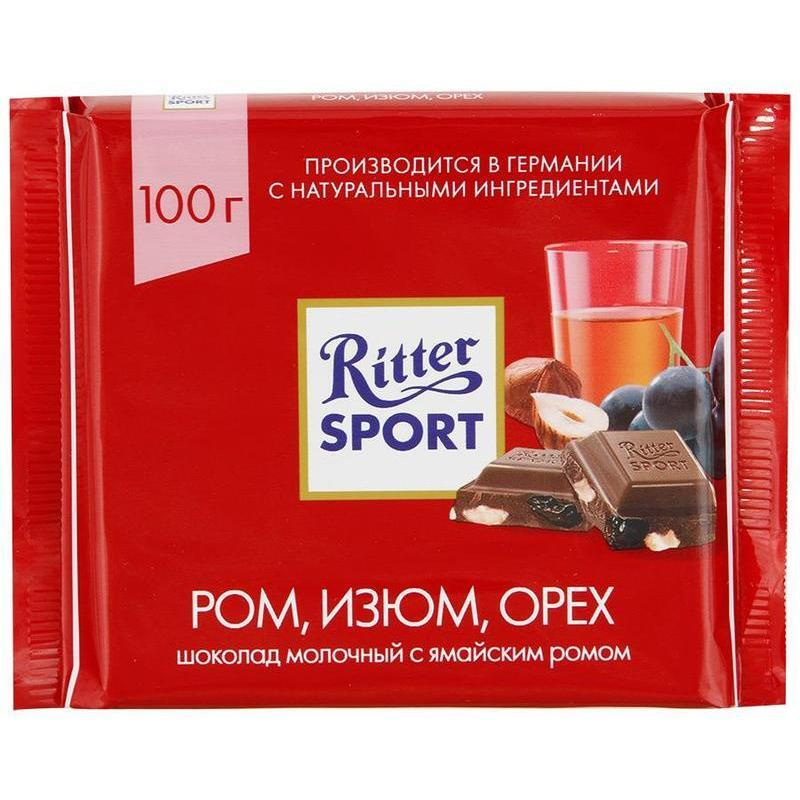 Шоколад Ritter Sport молочный с ромом орехом и изюмом 100 г #1