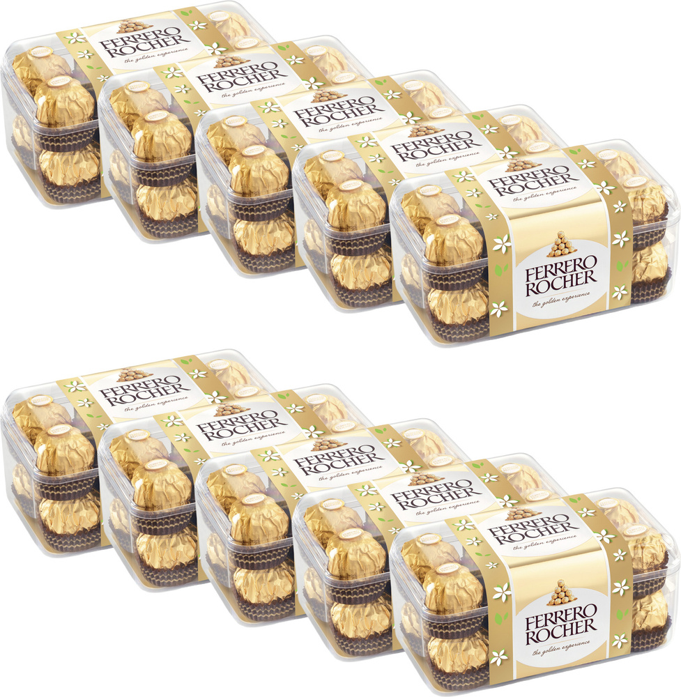 Конфеты шоколадные Ferrero Rocher хрустящие с лесным орехом 200 г, комплект: 10 упаковок по 200 гр.  #1