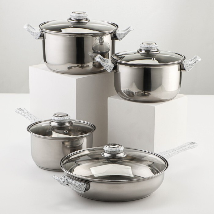 Набор посуды из нержавеющей стали Доляна Мрамор, 8 предметов: ковш 1,5 ...