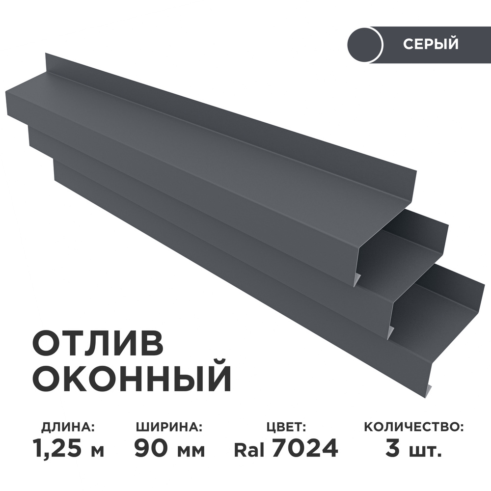 Отлив оконный ширина полки 90мм/ отлив для окна / цвет серый(RAL 7024) Длина 1,25м, 3 штуки в комплекте #1