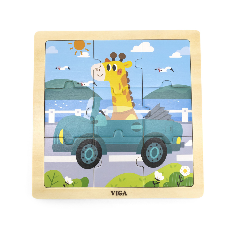 Развивающие игрушки из дерева Viga Toys Развивающая игра-пазл для детей Жираф на кабриолете (9 элементов) #1