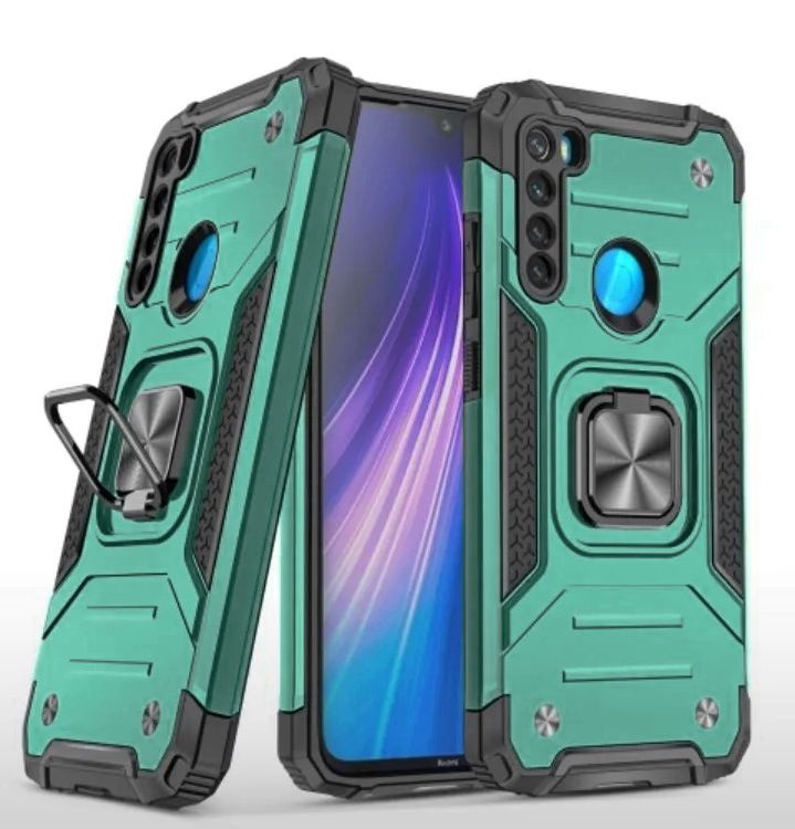 Противоударный чехол для Xiaomi Redmi Note 8 зеленый с пластиной для магнитного автодержателя и кольцом #1