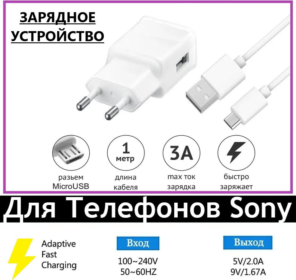 Сетевое зарядное устройство borofone для Sony с Кабелем Micro-USB / Сони /  с Быстрой Зарядкой (до 15Вт) / 5В - 2A / 9V - 1.67A, 5.9 Вт, USB 2.0  Type-A, Fast Charge,