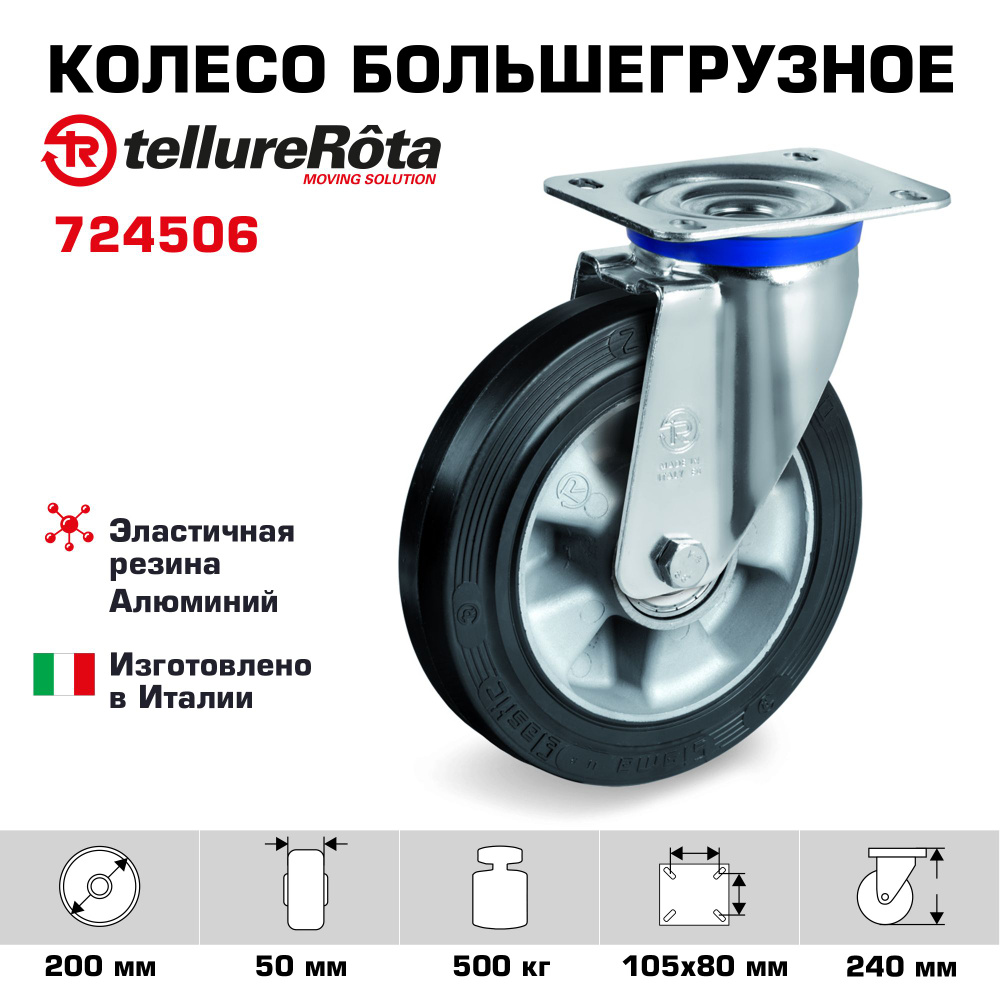 Колесо большегрузное Tellure Rota 724506 поворотное, диаметр 200мм, грузоподъемность 500кг  #1