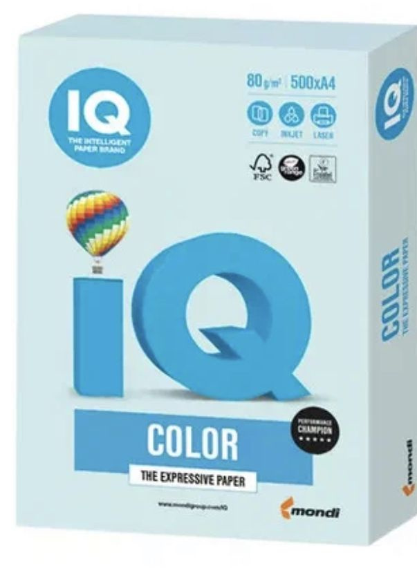 Бумага IQ Color 80г Pale BL29 (светло-голубой) офисная цветная 500л. для всех видов принтеров и творчества, #1