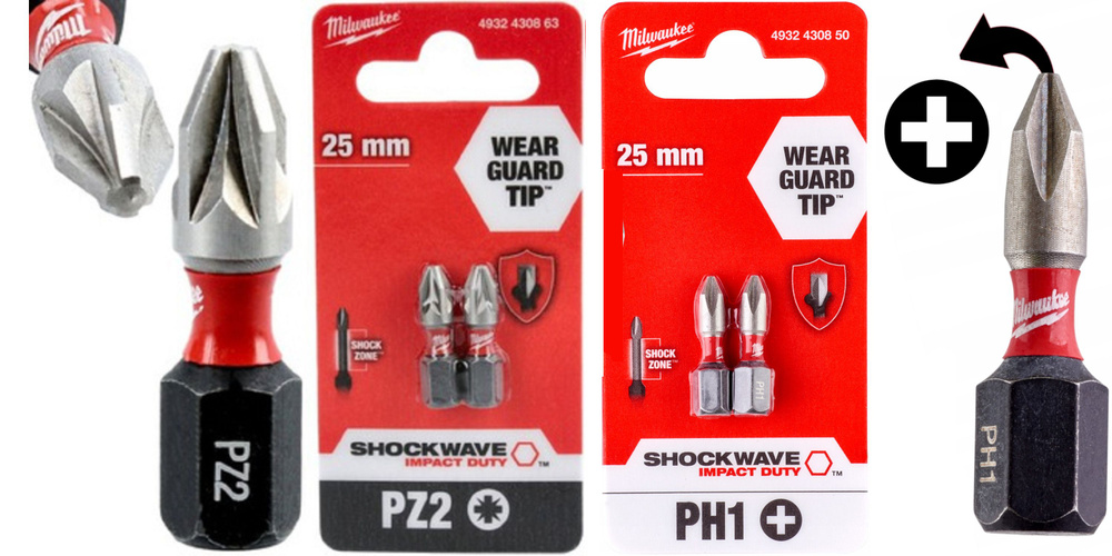 PH1(2шт)+PZ2(2шт) 25мм. Набор бит для шуруповёрта ударных Shockwave MILWAUKEE  #1