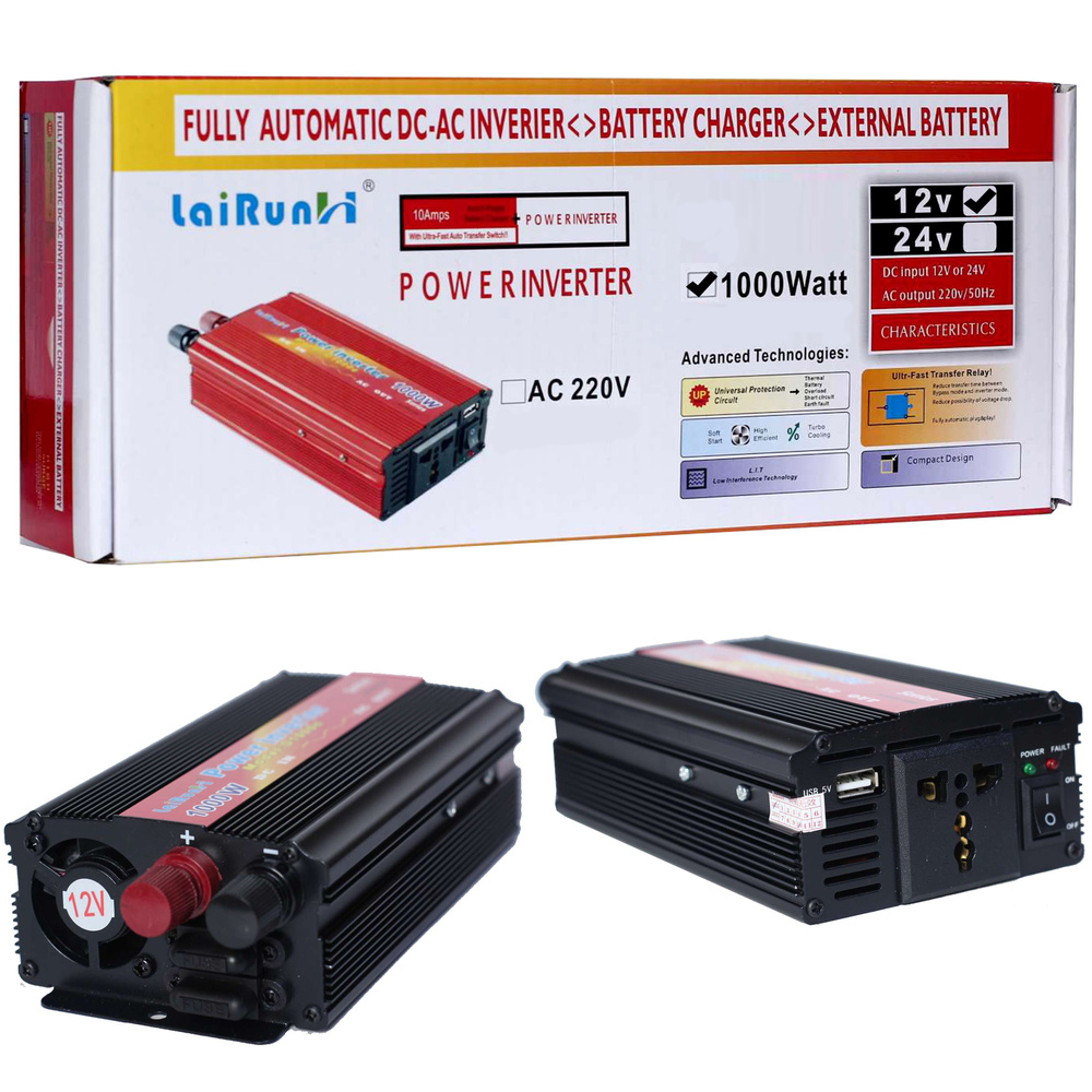 Автомобильный инвертор 12V на 220V 1000W с портом USB и универсальной ...