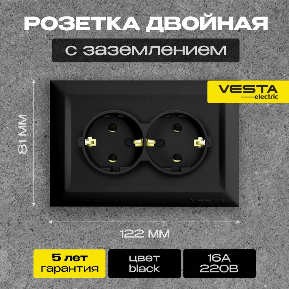 Розетка двойная c заземлением черная Vesta-Electric Roma Black #1