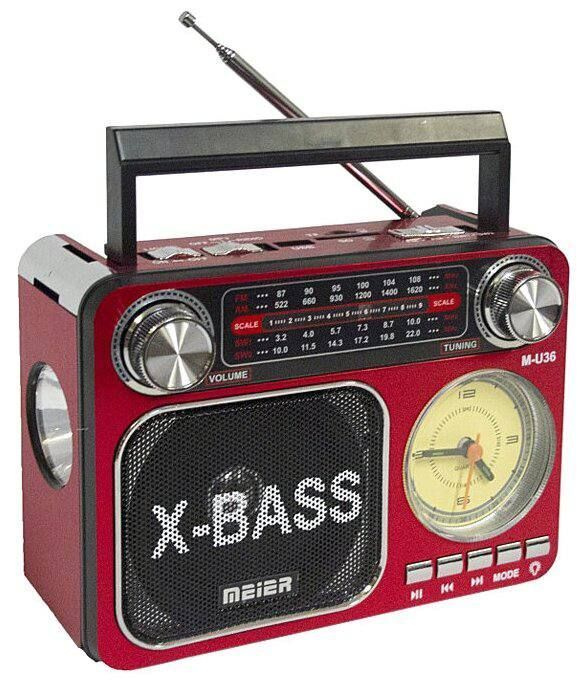 Bluetooth Радиоприемник Meier M-U36 USB, microSD, фонарь, часы, красный  #1