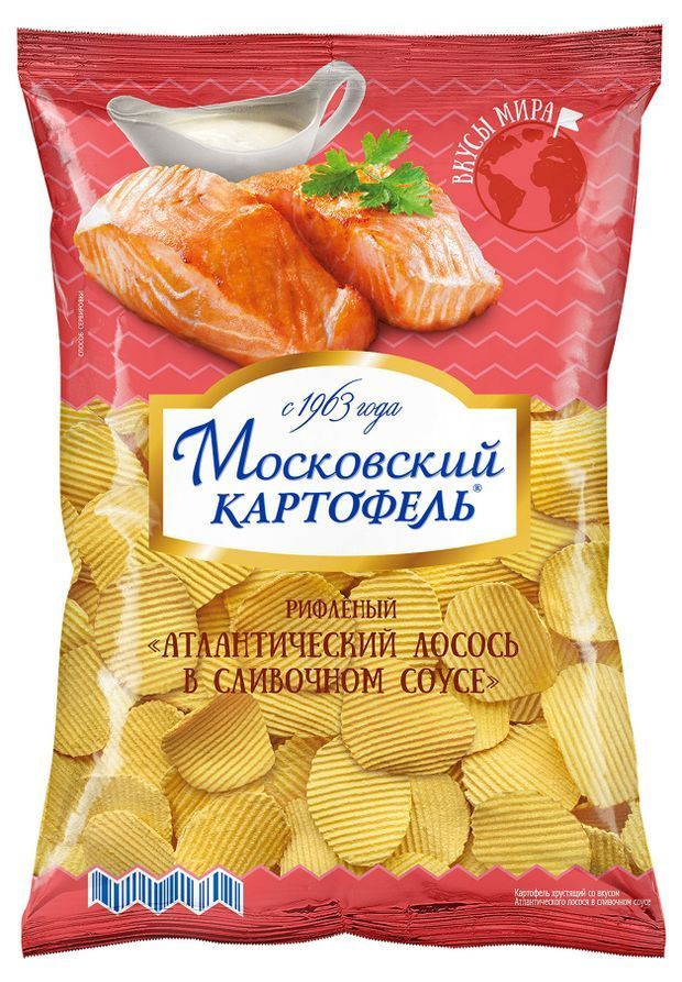 Московский картофель рифленые чипсы со вкусом атлантического лосося в сливочном соусе, вкус лосося под #1