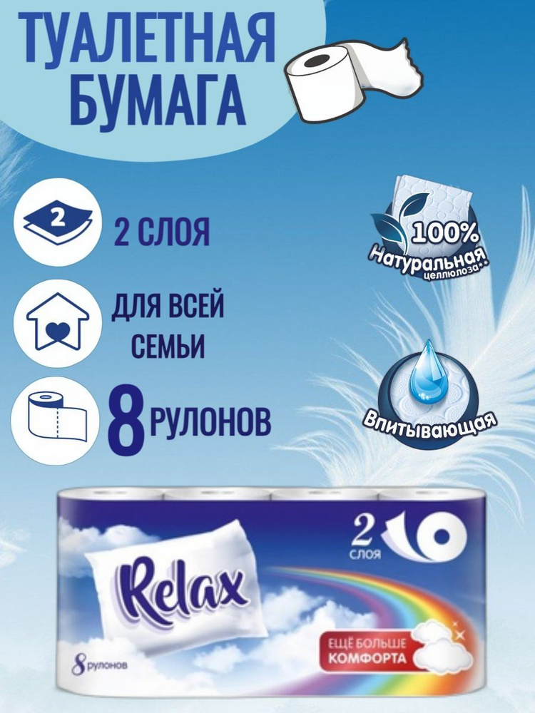 Туалетная бумага RELAX. Двухслойная, белая, 8 рулонов. Мягкая с ...