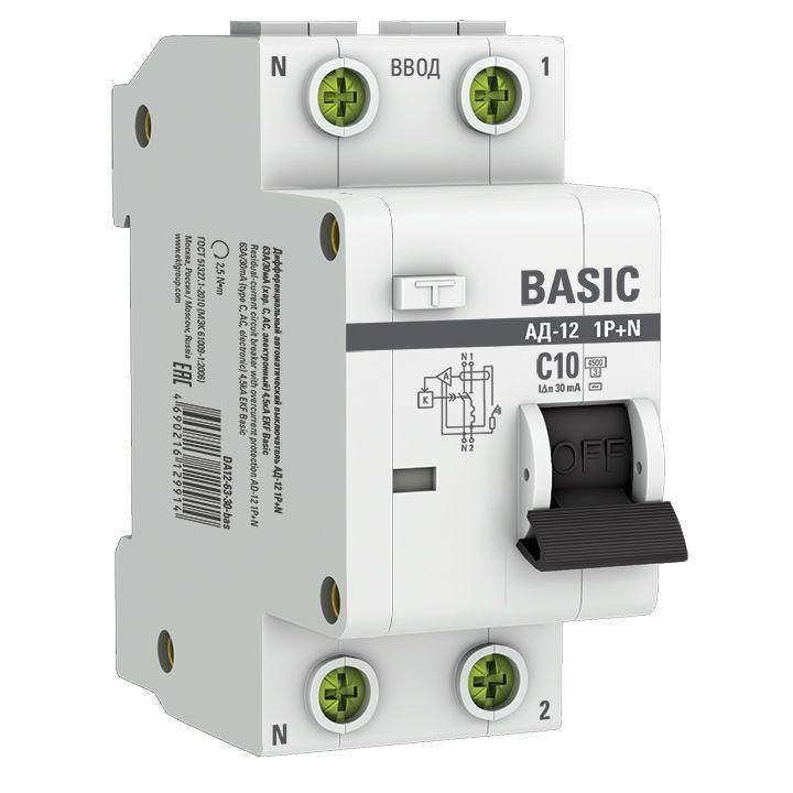 Выключатель автоматический дифференциального тока 2п (1P+N) C 10А 30мА тип AC 4.5кА АД-12 Basic EKF DA12-10-30-bas #1
