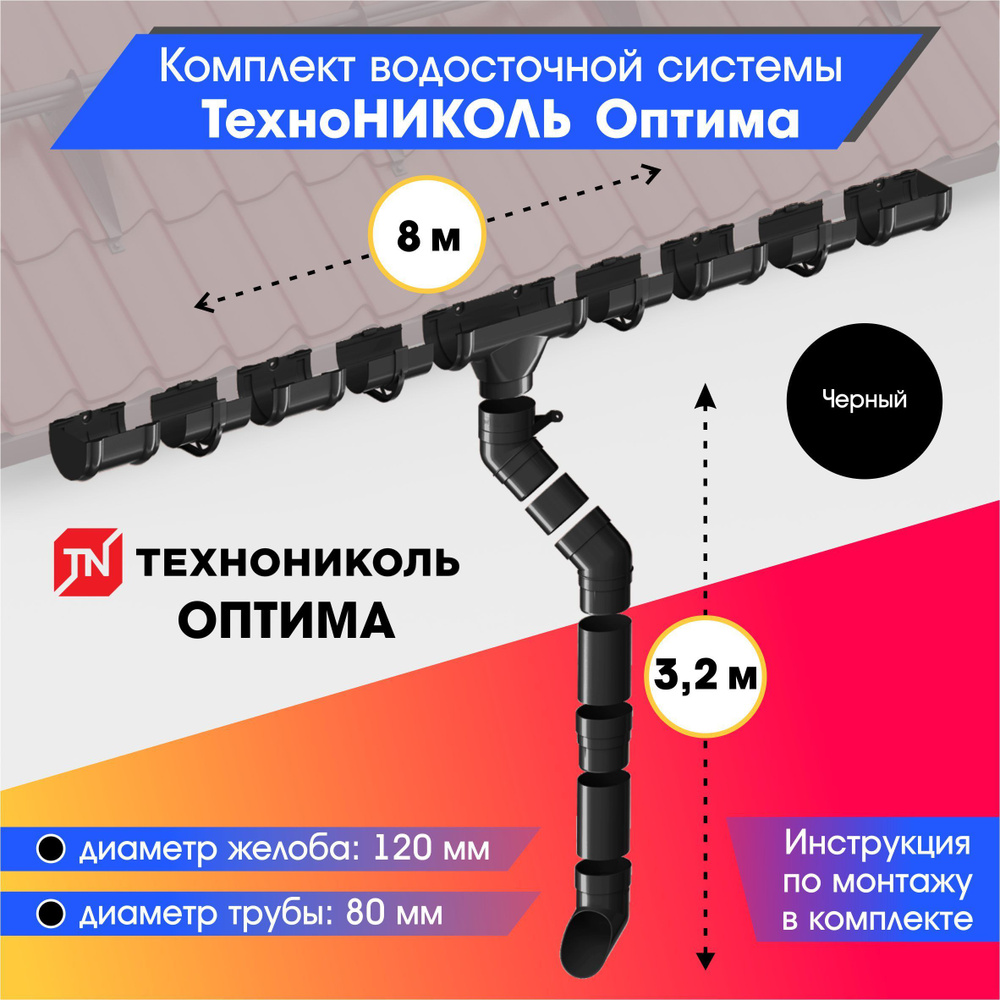 Водосточная система для крыши комплект 120/80 ТехноНИКОЛЬ Оптима RAL 9005  водосток для крыши дома для ската 8м, черный