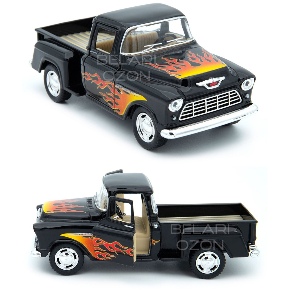 Машинка металлическая Kinsmart 1:32 1955 Chevy Stepside Pick-up (Шеви  Степсайд пикап с принтом) KT5330DF инерционная, двери открываются / Черный  - купить с доставкой по выгодным ценам в интернет-магазине OZON (834818338)