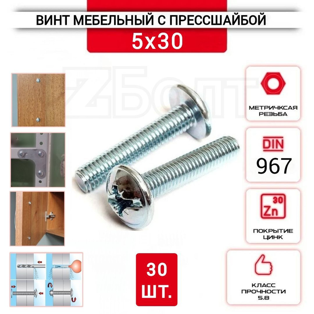 Винт мебельный с полукруглой головкой и прессшайбой, DIN967, 5х30, 30 шт.  #1