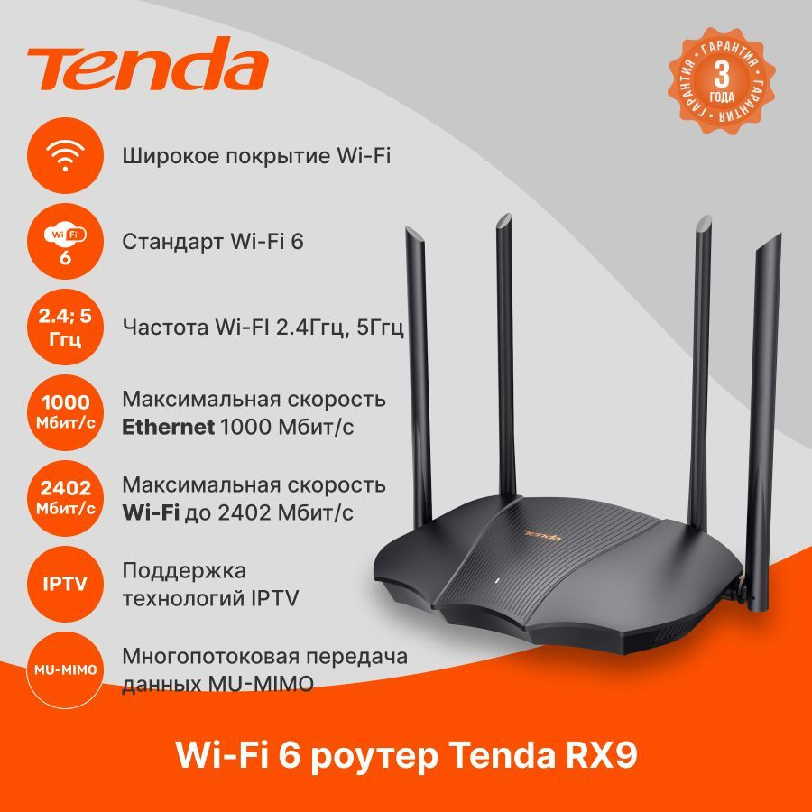 Роутер Tenda RX9 Pro, черный, 2.4 ГГц, 5 ГГц купить по низкой цене с  доставкой в интернет-магазине OZON (866219819)