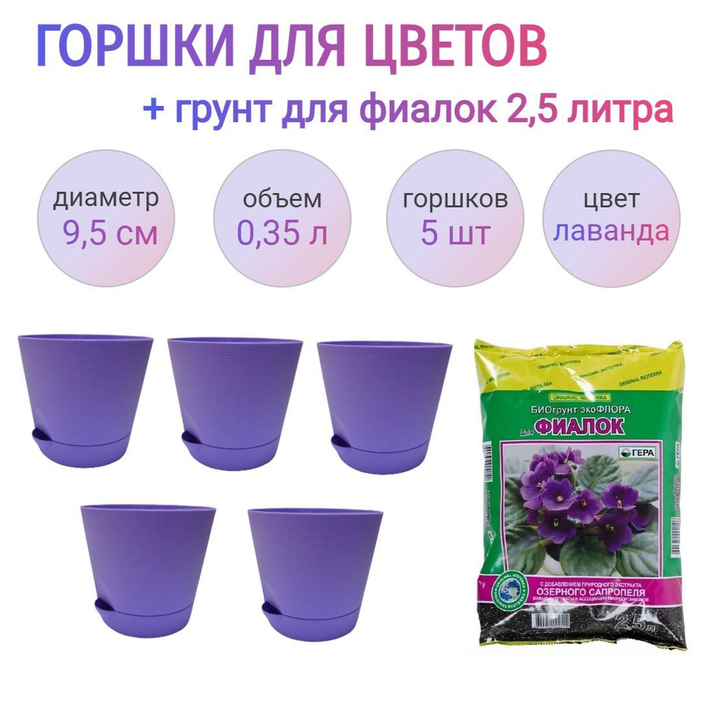 Набор горшков для фиалок Партер диаметр 9.5 см, высота 9 см, объем 0.35 ...