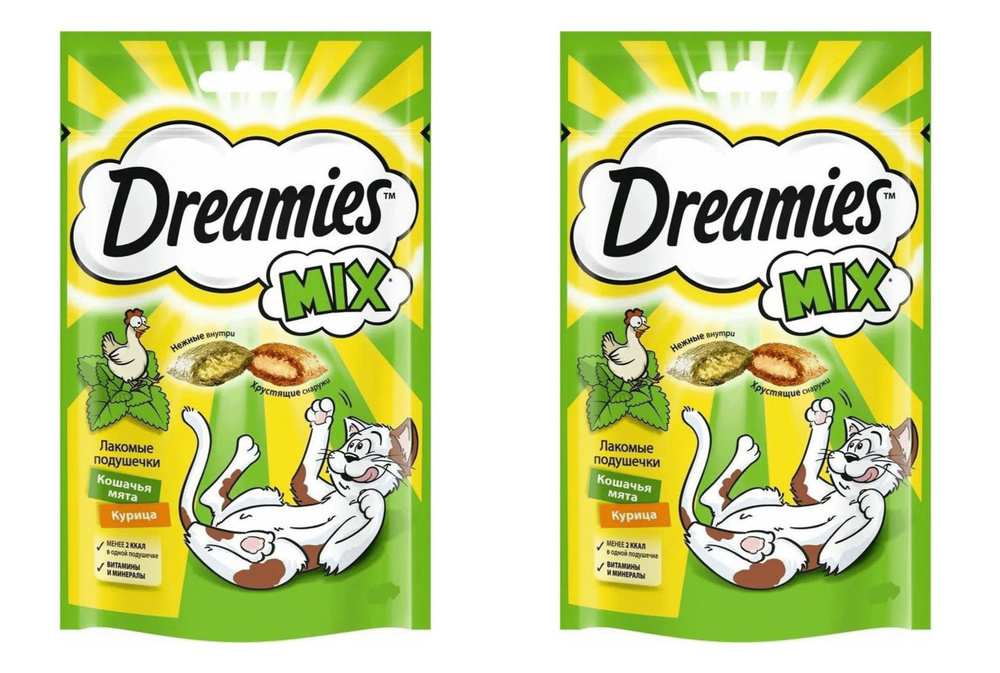 Dreamies Лакомство для кошек Лакомые подушечки Микс с Курицей и мятой, 140 г, 2 уп  #1