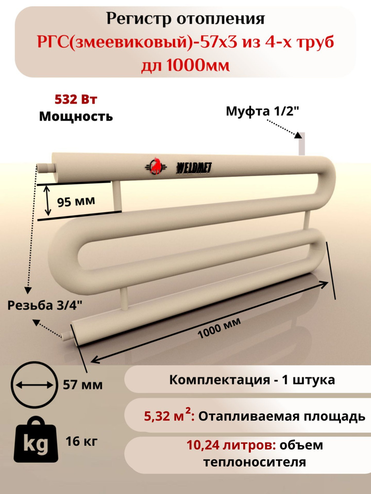 Регистр отопления РГС-57х3 из 4-х труб дл 1000мм Вэлдмет ТУ 25.21.11-001-42898558-2017  #1