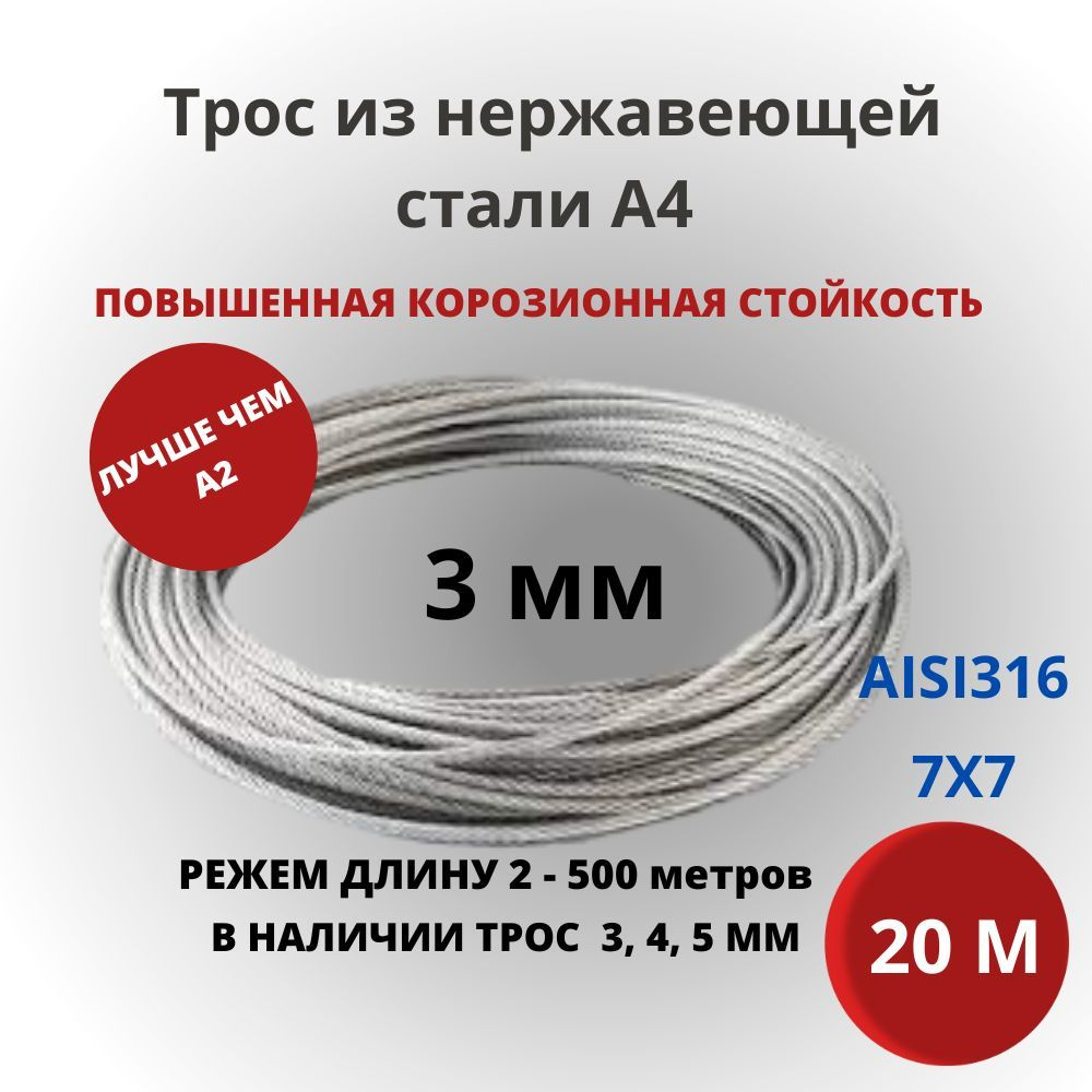 DIN 3055 Трос стальной в ПВХ оболочке из нержавеющей стали, 5 мм (250 м) (7x7)