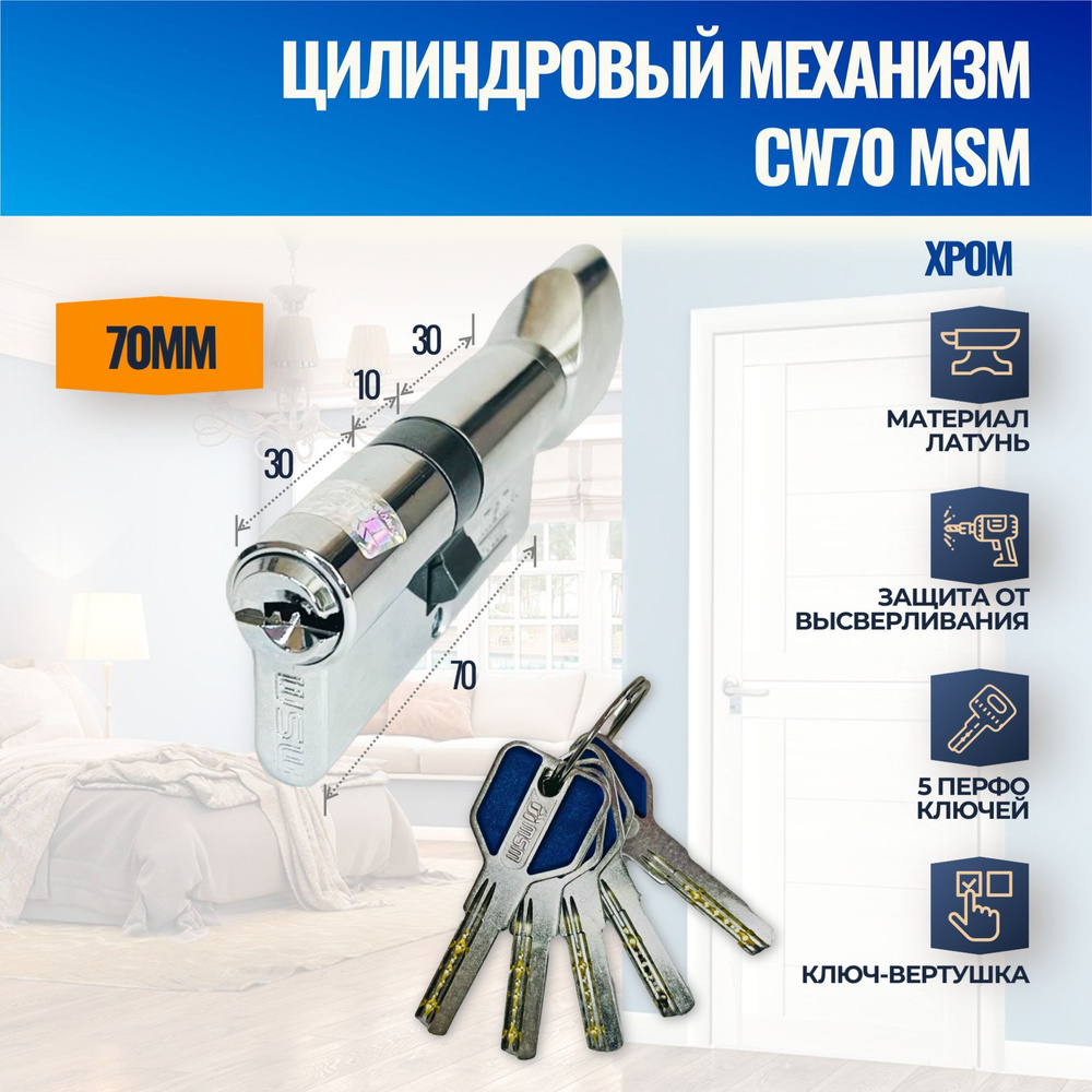 Цилиндровый механизм CW70mm CP (Хром) MSM (личинка замка) перфо ключ-вертушка  #1