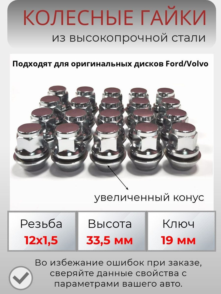 Гайка колесная М12 х 1,5, 20 шт. купить по выгодной цене в интернет ...