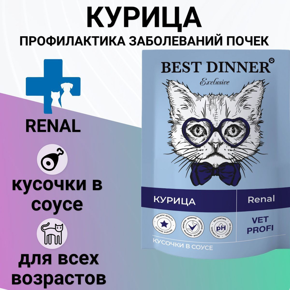 Влажный корм Best Dinner Vet Profi Renal для любых кошек кусочки в соусе с  курицей , для профилактики заболевания почек 85гр - купить с доставкой по  выгодным ценам в интернет-магазине OZON (903980545)