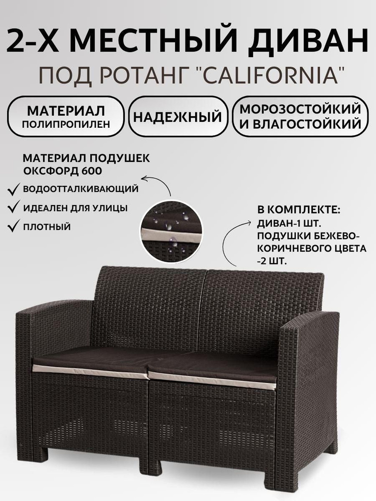 Двухместный диван под искусственный ротанг с подушками California, дачная садовая мебель для улицы и #1