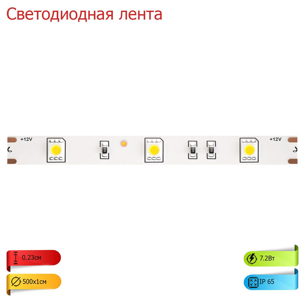 Светодиодная лента 12В 5050 7,2Вт/м 4000K 5м IP65 10124 #1