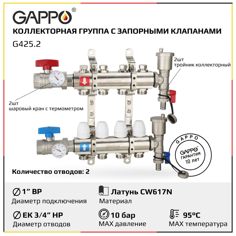 Коллектор регулируемый с запорными клапанами из латуни Gappo G425.2 2-вых.x1"x3/4" уп. 1 шт.  #1